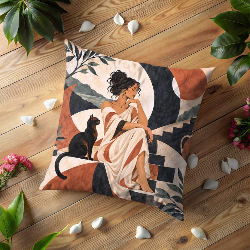Woman and Black Cat Pillow Cover | Ancient- Landscape with Architectural Elements