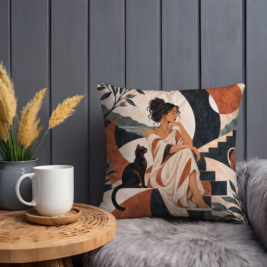 Woman and Black Cat Pillow Cover | Ancient- Landscape with Architectural Elements