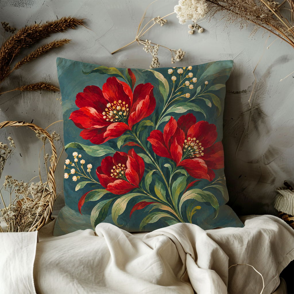 Red Flower Bouquet Pillow Cover | Swirling Teal Backdrop with Green Foliage and Small White Blossom Sprays
