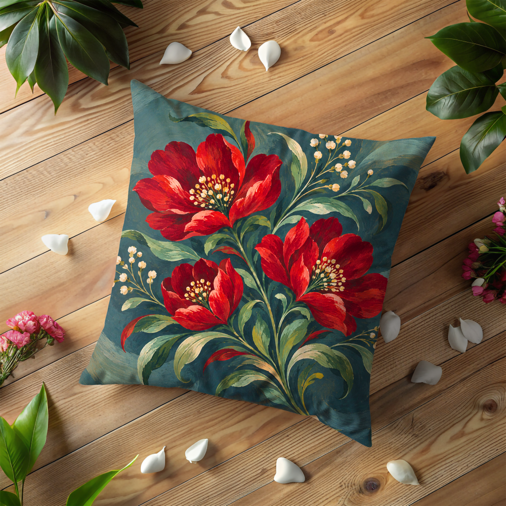 Red Flower Bouquet Pillow Cover | Swirling Teal Backdrop with Green Foliage and Small White Blossom Sprays
