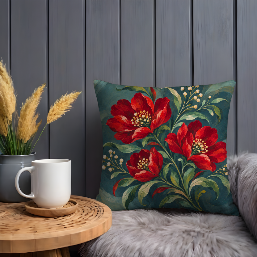 Red Flower Bouquet Pillow Cover | Swirling Teal Backdrop with Green Foliage and Small White Blossom Sprays