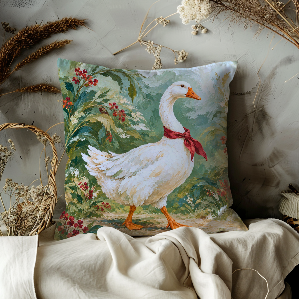 White Goose Pillow Cover | Flowering Garden Path with Red Berries