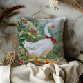 White Goose Pillow Cover | Flowering Garden Path with Red Berries