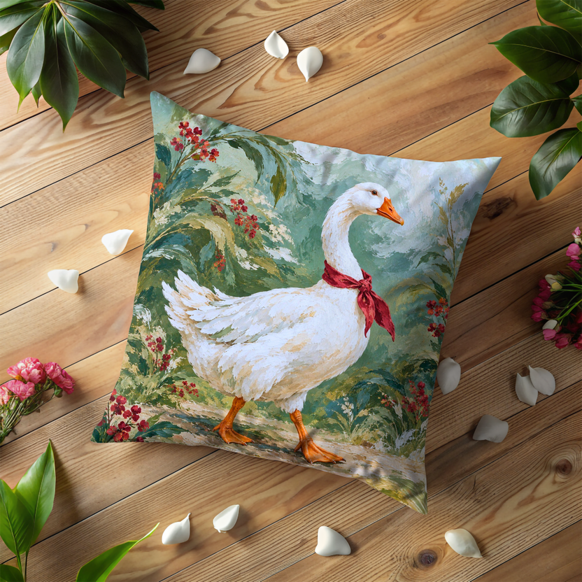 White Goose Pillow Cover | Flowering Garden Path with Red Berries
