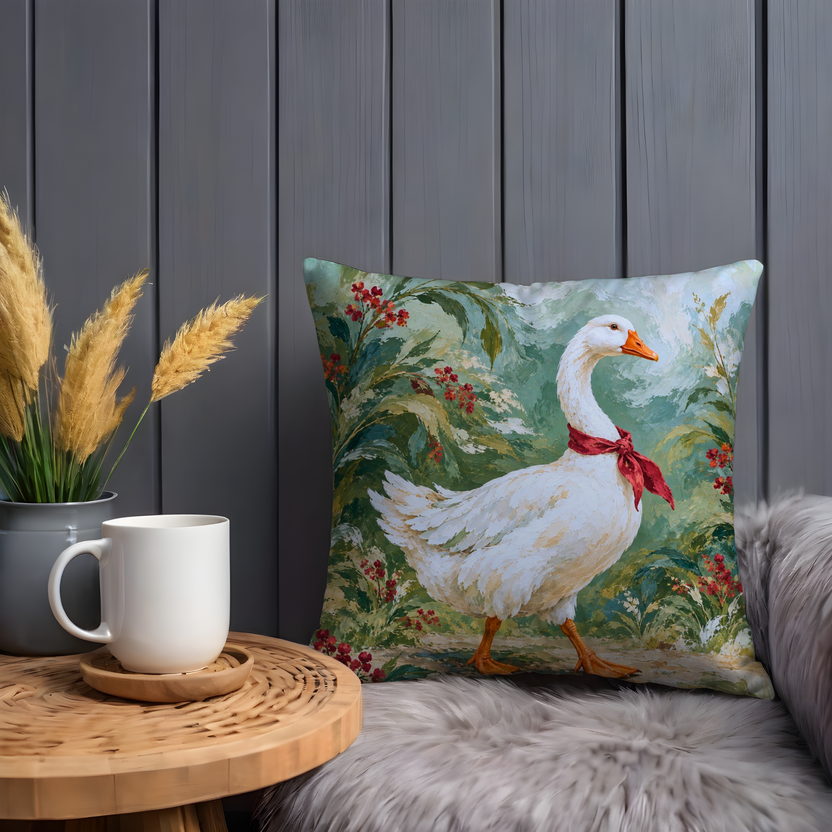 White Goose Pillow Cover | Flowering Garden Path with Red Berries