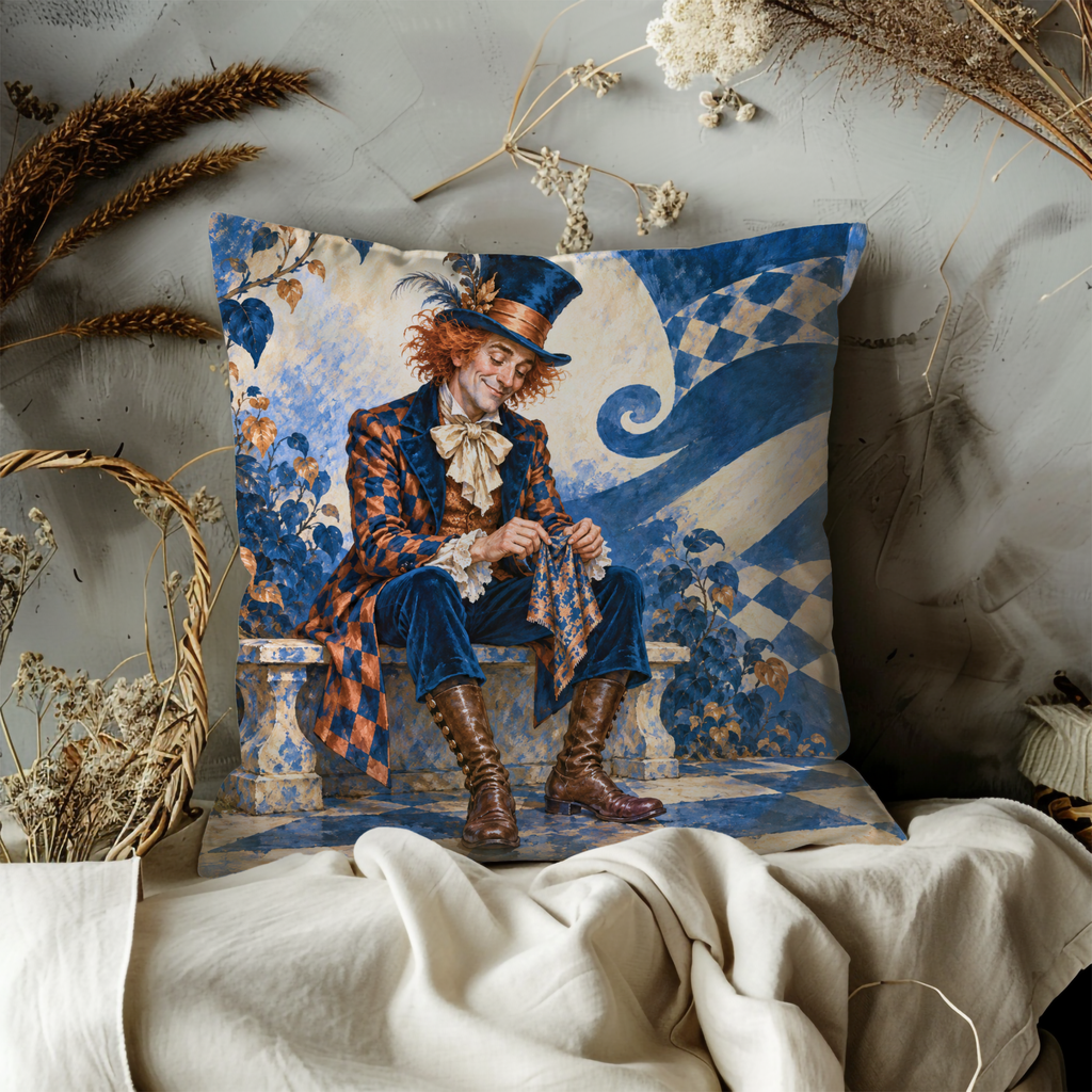 Seated Red-haired Man Pillow Cover | Checkerboard Floor with Swirling Blue Banners, Stone Pedestals, and Autumn Vines