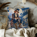 Seated Red-haired Man Pillow Cover | Checkerboard Floor with Swirling Blue Banners, Stone Pedestals, and Autumn Vines