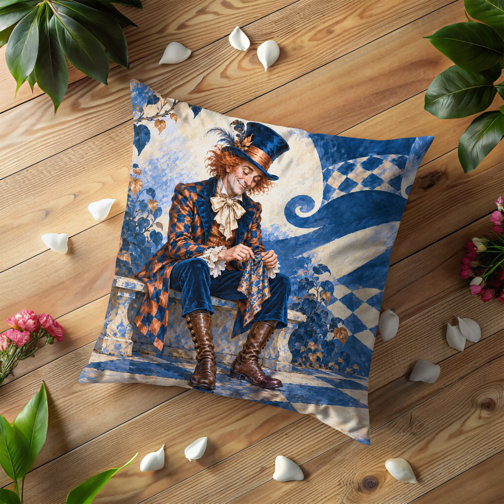 Seated Red-haired Man Pillow Cover | Checkerboard Floor with Swirling Blue Banners, Stone Pedestals, and Autumn Vines