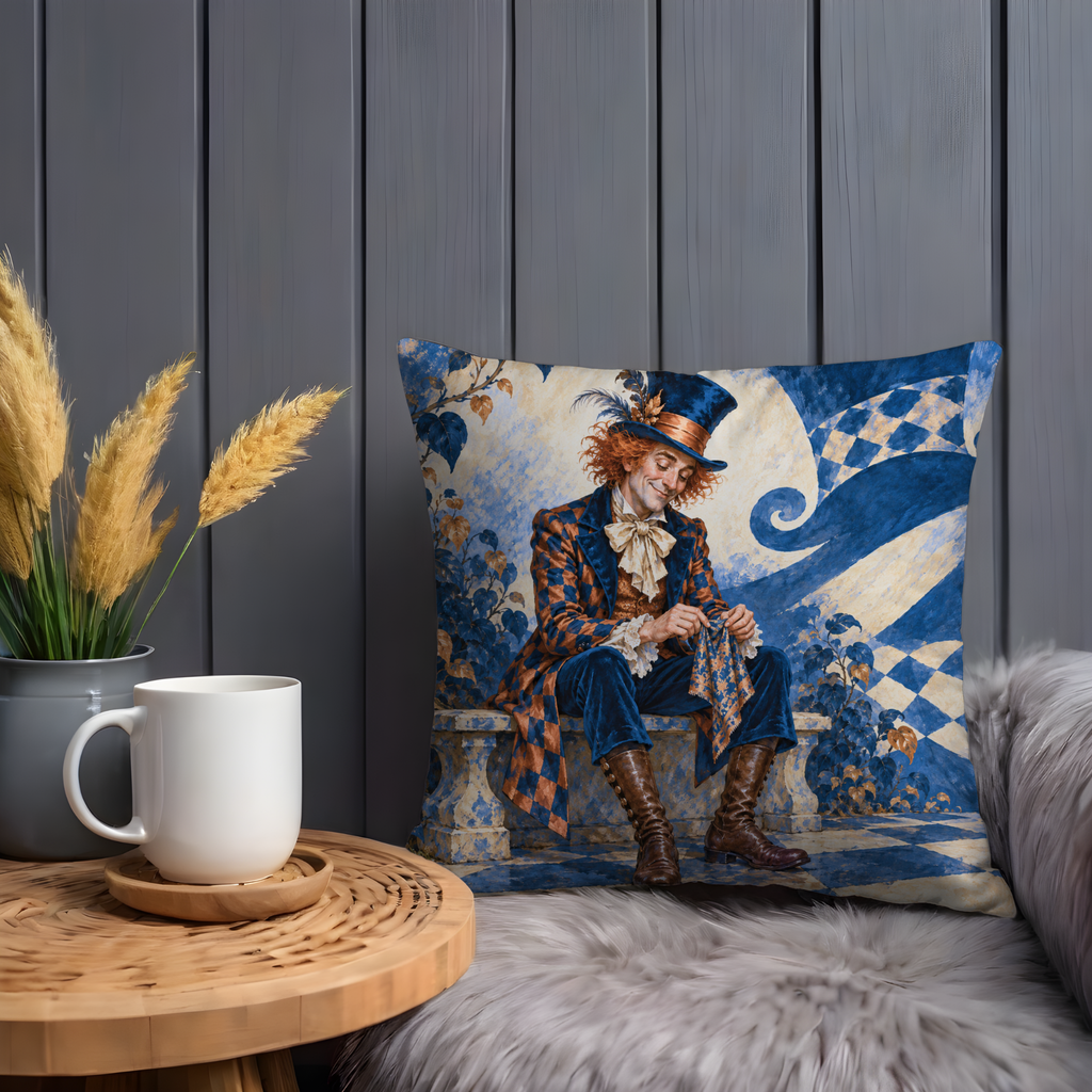 Seated Red-haired Man Pillow Cover | Checkerboard Floor with Swirling Blue Banners, Stone Pedestals, and Autumn Vines