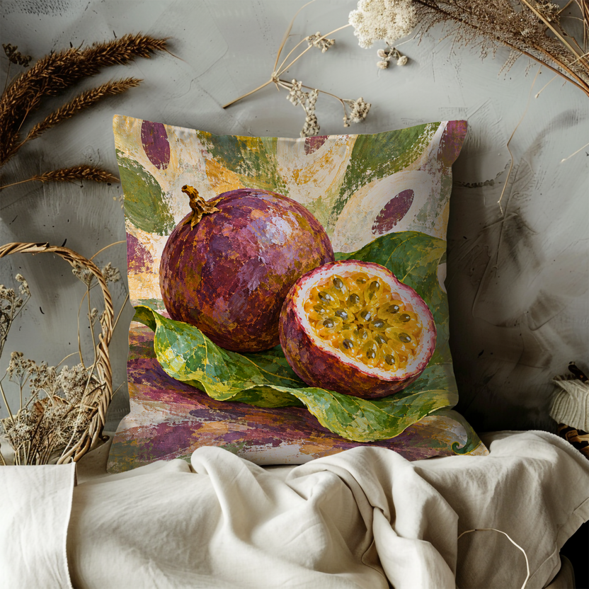 Passion Fruit Pillow Cover | Leafy Still Life on a Loose Brushstroke Ground
