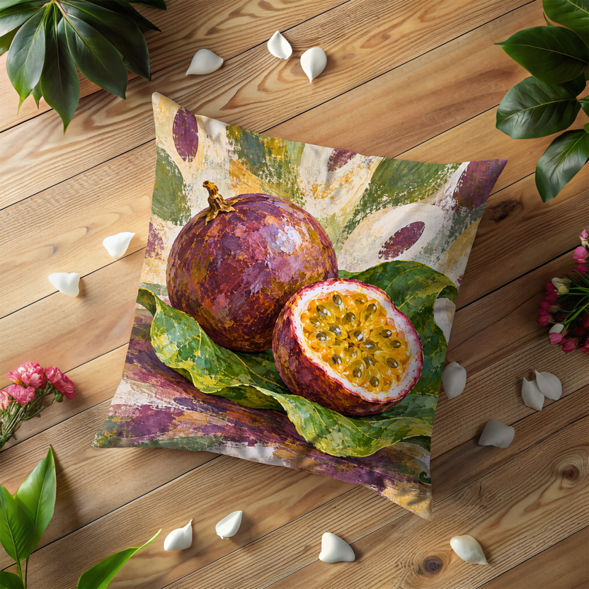 Passion Fruit Pillow Cover | Leafy Still Life on a Loose Brushstroke Ground