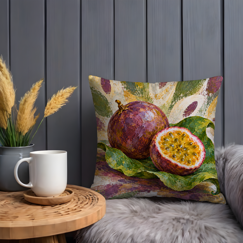Passion Fruit Pillow Cover | Leafy Still Life on a Loose Brushstroke Ground