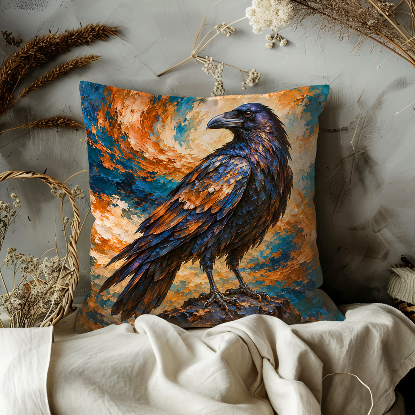 Raven Pillow Cover | Turbulent Orange and Teal Clouds Above Dark Rocks