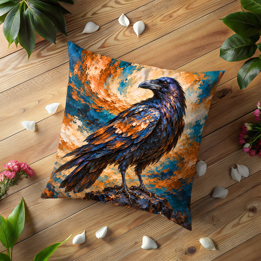 Raven Pillow Cover | Turbulent Orange and Teal Clouds Above Dark Rocks