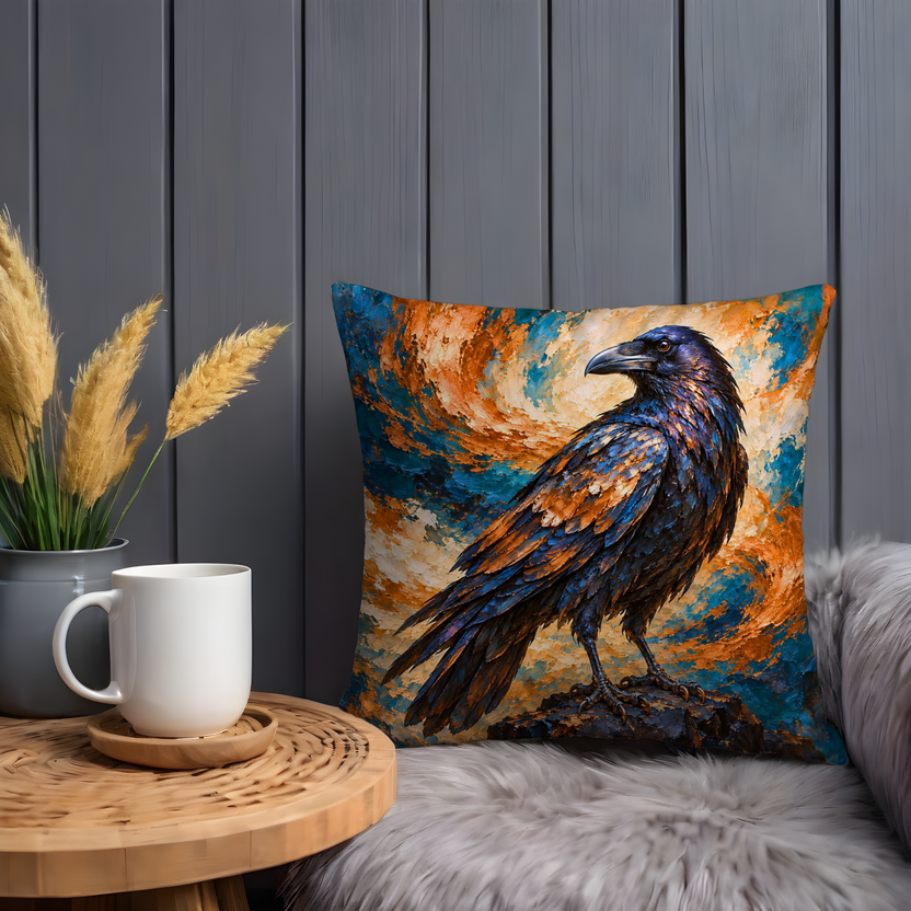 Raven Pillow Cover | Turbulent Orange and Teal Clouds Above Dark Rocks