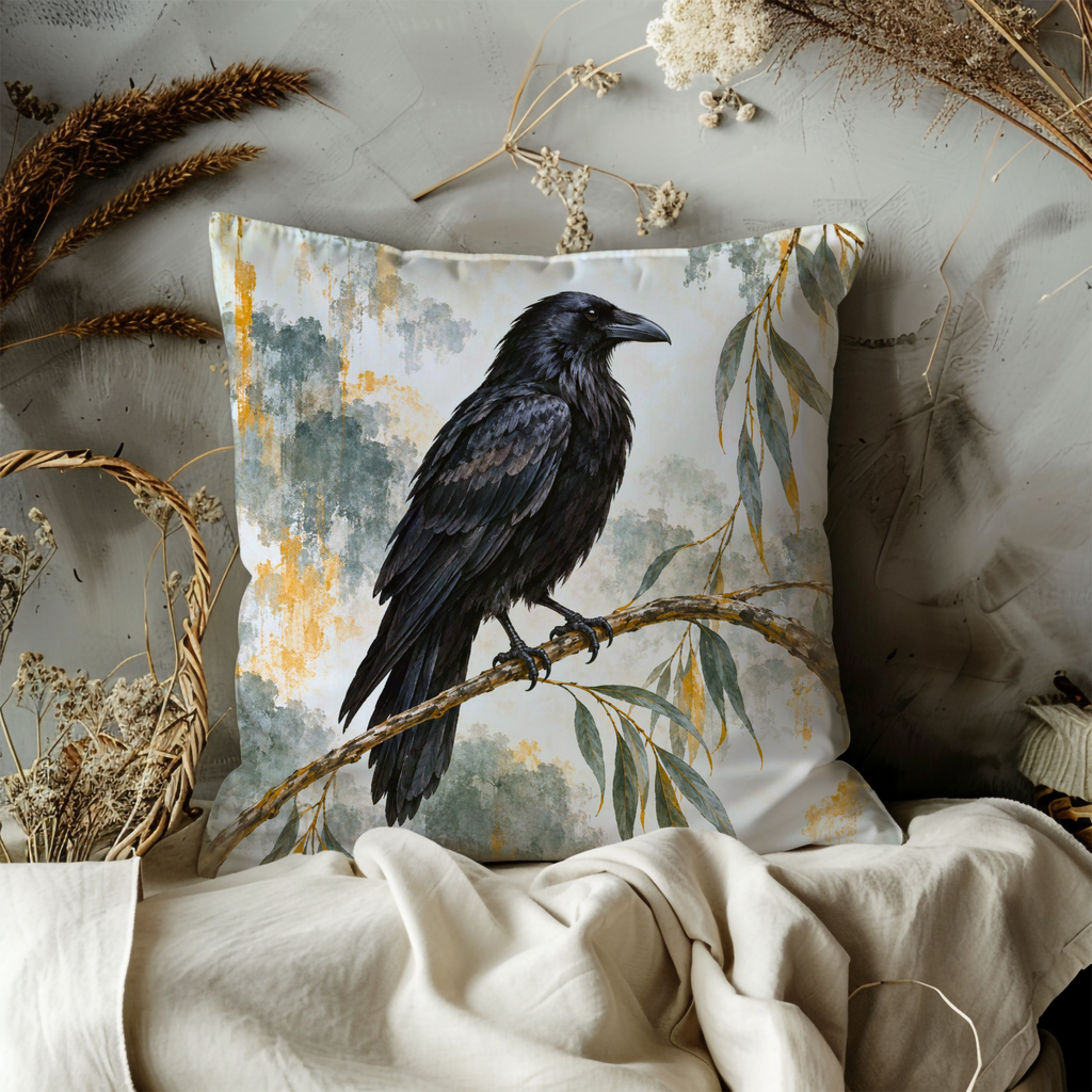 Black Crow Pillow Cover | Watercolor Leafy Branch