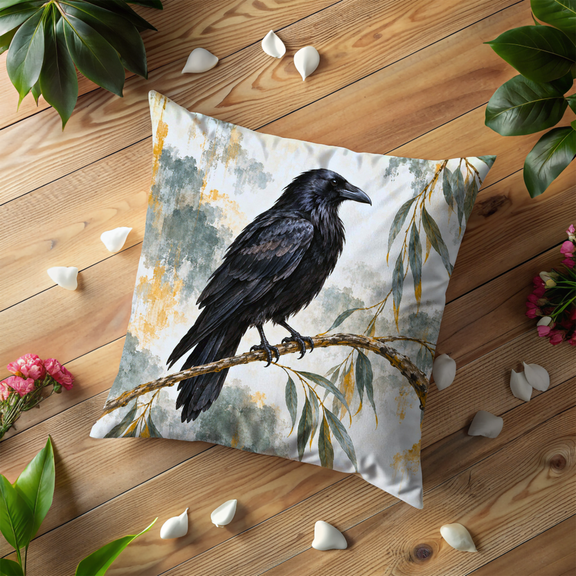 Black Crow Pillow Cover | Watercolor Leafy Branch