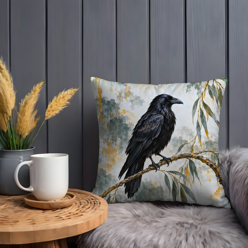 Black Crow Pillow Cover | Watercolor Leafy Branch