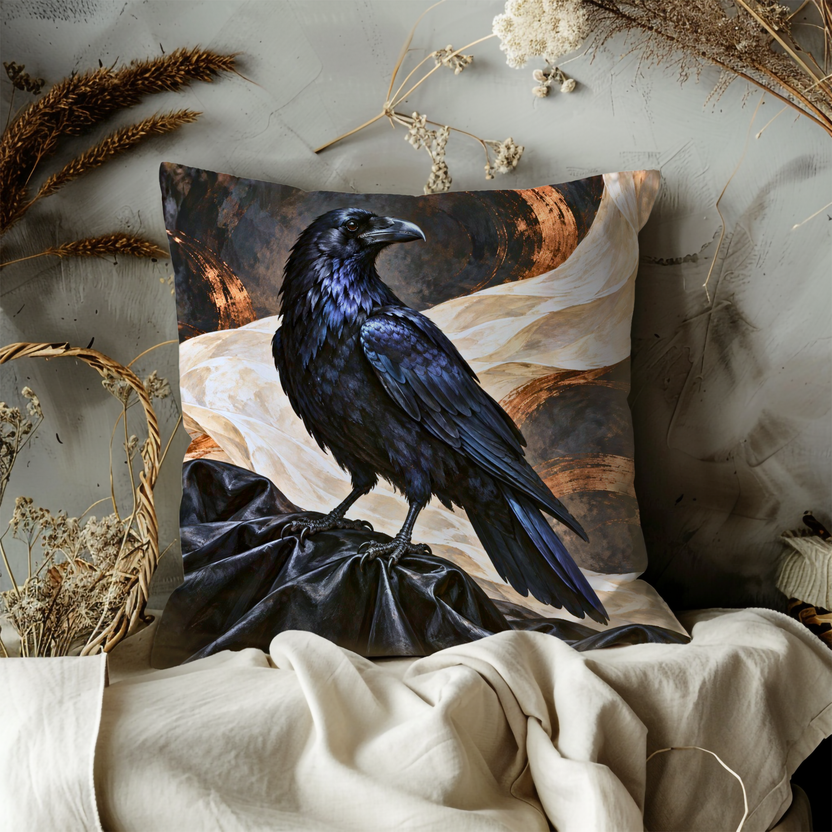 Black Raven Pillow Cover | Swirling Cream Drapery with Copper Circular Motifs