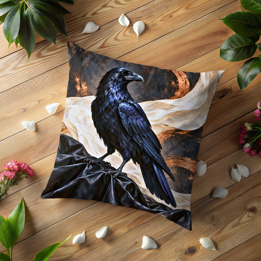 Black Raven Pillow Cover | Swirling Cream Drapery with Copper Circular Motifs