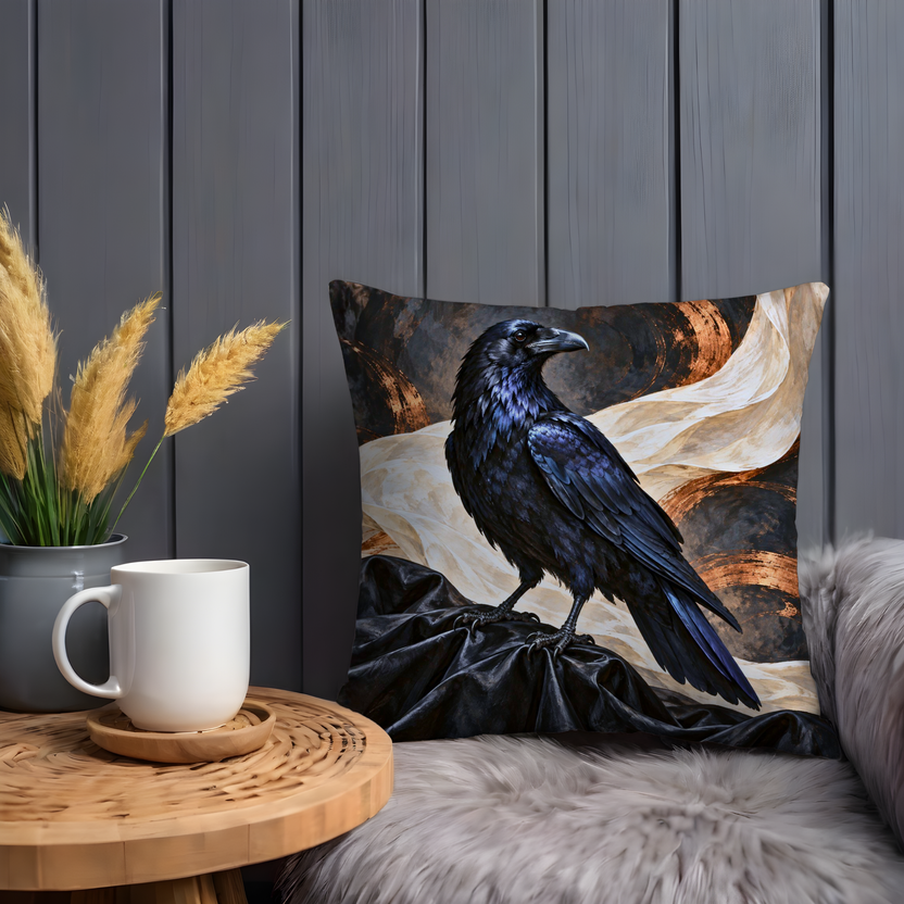 Black Raven Pillow Cover | Swirling Cream Drapery with Copper Circular Motifs