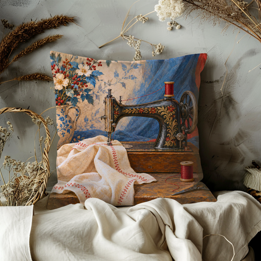Antique Sewing Machine Pillow Cover | Sewing Still Life with Flowers