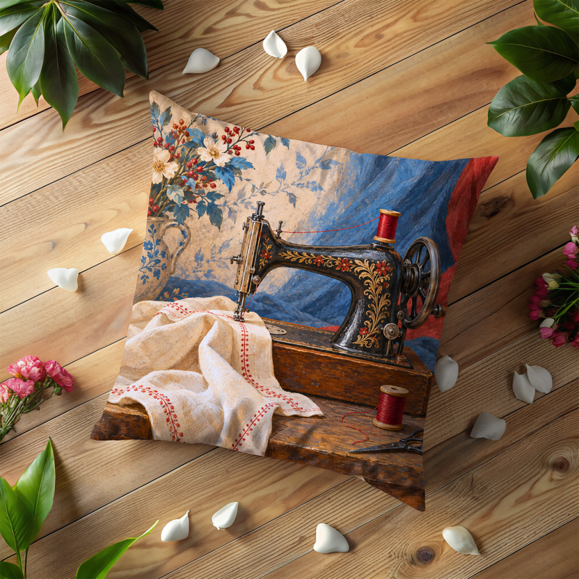 Antique Sewing Machine Pillow Cover | Sewing Still Life with Flowers