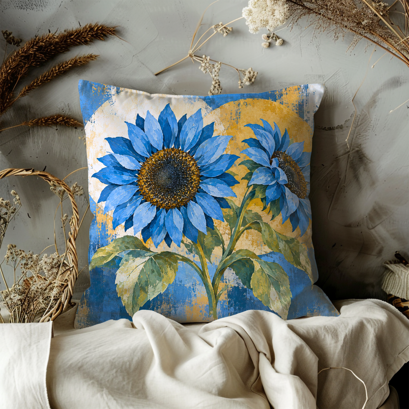 Blue Sunflowers Pillow Cover | Abstract, Textured Background with Floral Elements