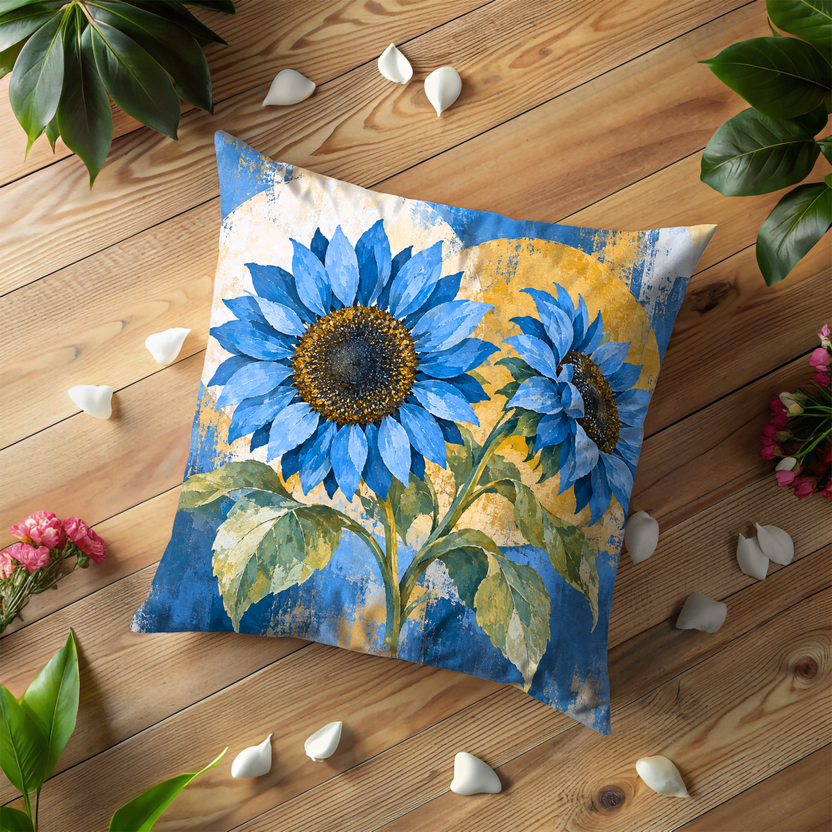 Blue Sunflowers Pillow Cover | Abstract, Textured Background with Floral Elements