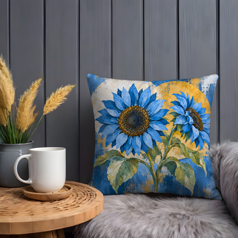 Blue Sunflowers Pillow Cover | Abstract, Textured Background with Floral Elements