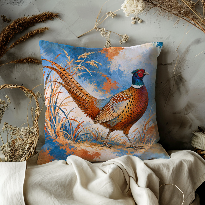 Ring Necked Pheasant Standing Pillow Cover | Tall Grass, Grassy Meadow in Rustic Countryside Landscape