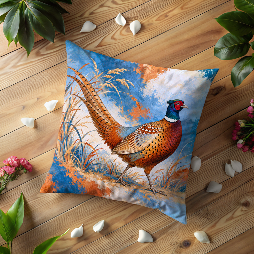 Ring Necked Pheasant Standing Pillow Cover | Tall Grass, Grassy Meadow in Rustic Countryside Landscape
