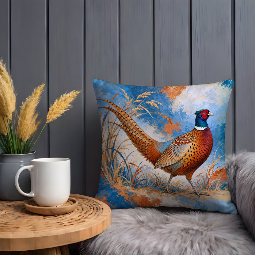 Ring Necked Pheasant Standing Pillow Cover | Tall Grass, Grassy Meadow in Rustic Countryside Landscape