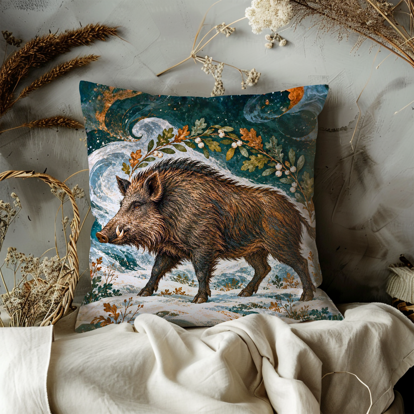 Wild Boar Pillow Cover | Winter Woodland Landscape