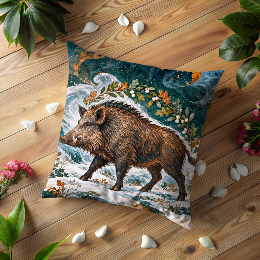 Wild Boar Pillow Cover | Winter Woodland Landscape