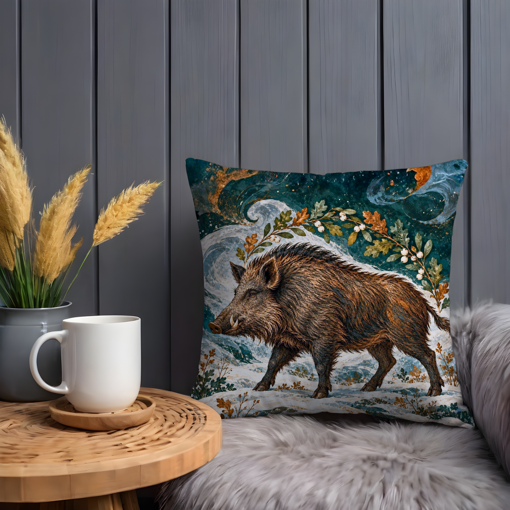 Wild Boar Pillow Cover | Winter Woodland Landscape
