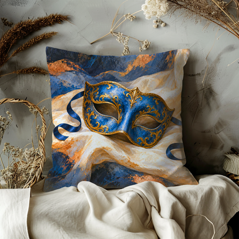 Ornate Masquerade Mask Pillow Cover | Draped Ivory Fabric with Curling Blue Ribbons and Blue-gold Washes