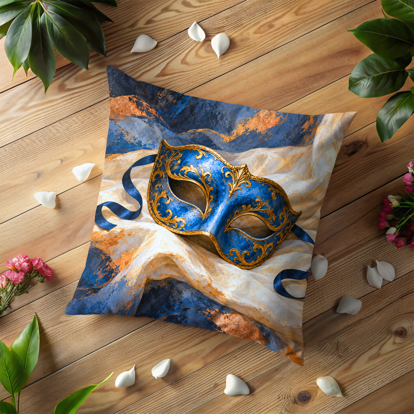 Ornate Masquerade Mask Pillow Cover | Draped Ivory Fabric with Curling Blue Ribbons and Blue-gold Washes