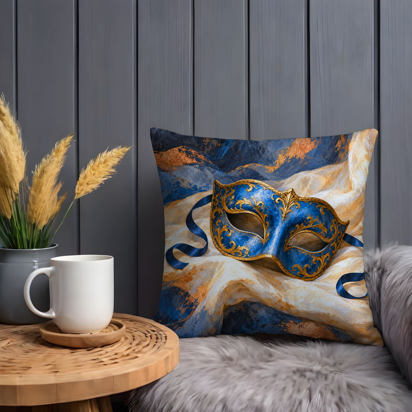 Ornate Masquerade Mask Pillow Cover | Draped Ivory Fabric with Curling Blue Ribbons and Blue-gold Washes
