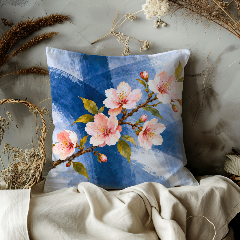 Cherry Blossom Branch Pillow Cover | Abstract Background with Blue and White Brushstrokes
