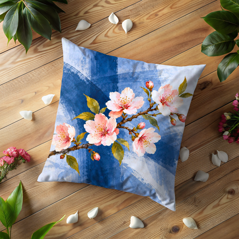 Cherry Blossom Branch Pillow Cover | Abstract Background with Blue and White Brushstrokes