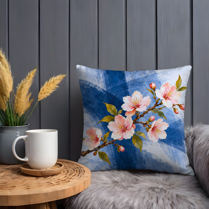 Cherry Blossom Branch Pillow Cover | Abstract Background with Blue and White Brushstrokes