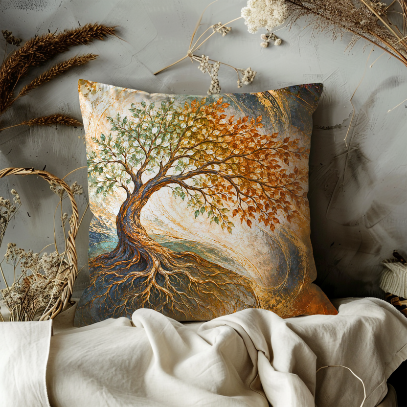 Split-canopy Tree Pillow Cover | Exposed Roots on a Low Mound Inside Swirling Gold, Cream, Blue, and Orange Currents