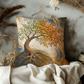 Split-canopy Tree Pillow Cover | Exposed Roots on a Low Mound Inside Swirling Gold, Cream, Blue, and Orange Currents