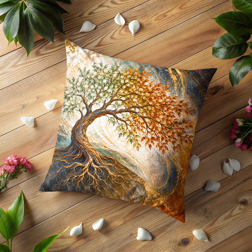 Split-canopy Tree Pillow Cover | Exposed Roots on a Low Mound Inside Swirling Gold, Cream, Blue, and Orange Currents
