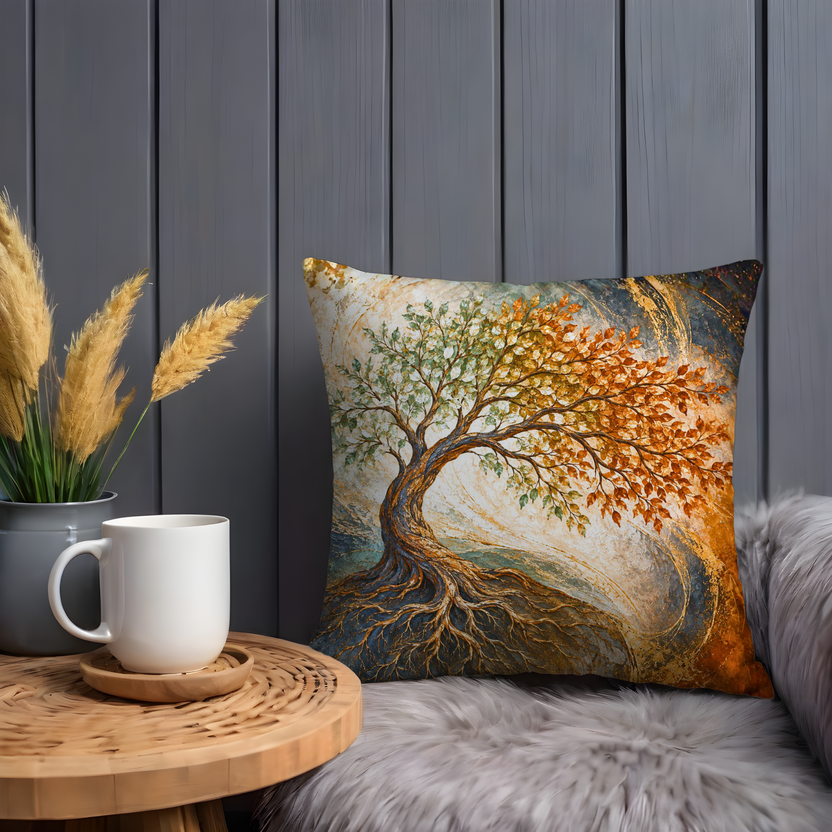 Split-canopy Tree Pillow Cover | Exposed Roots on a Low Mound Inside Swirling Gold, Cream, Blue, and Orange Currents