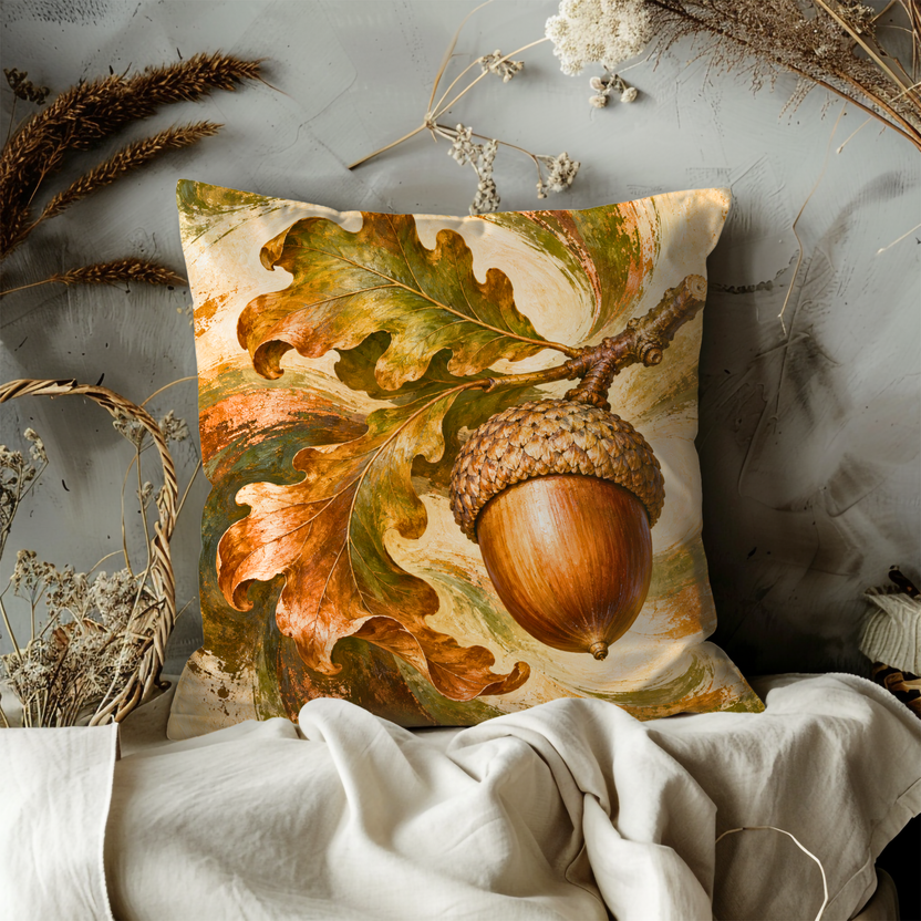 Capped Acorn Pillow Cover | Swirling Autumn Oak Foliage
