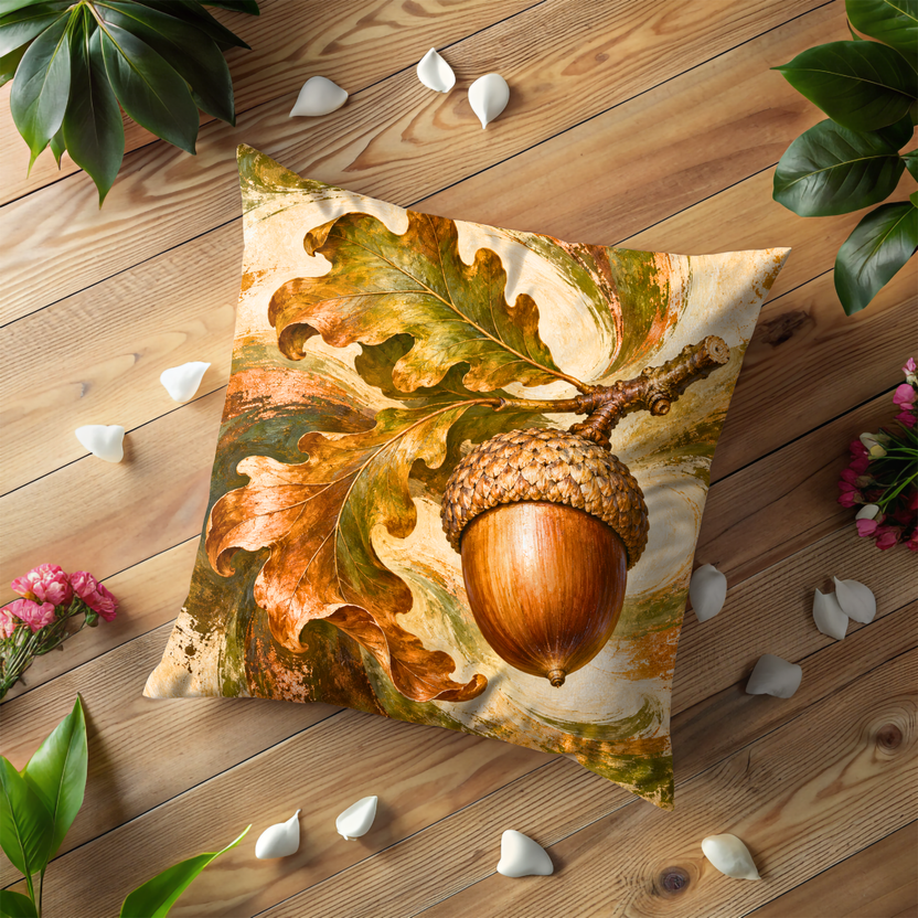 Capped Acorn Pillow Cover | Swirling Autumn Oak Foliage