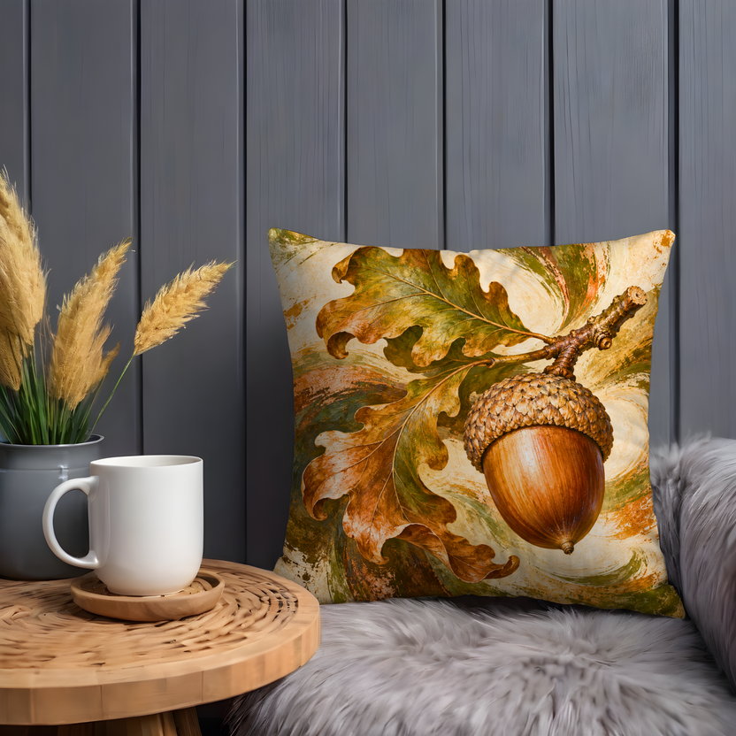 Capped Acorn Pillow Cover | Swirling Autumn Oak Foliage