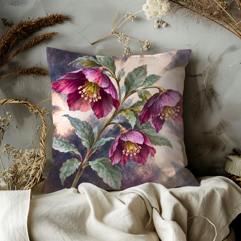 Burgundy Nodding Flowers Pillow Cover | Two Leafy Stems Against a Mottled Mauve Wash